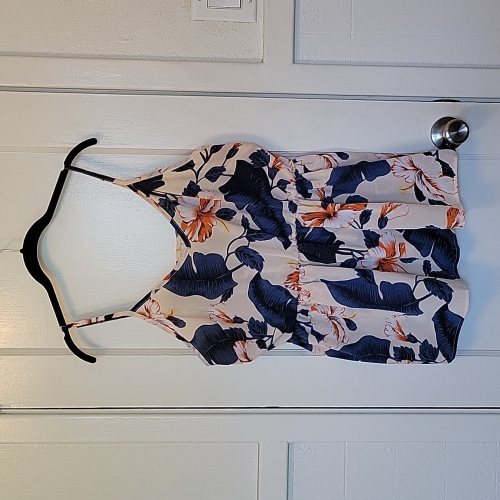 Tropical Floral Dressy Tank Top Blue Orange White Cream Babydoll